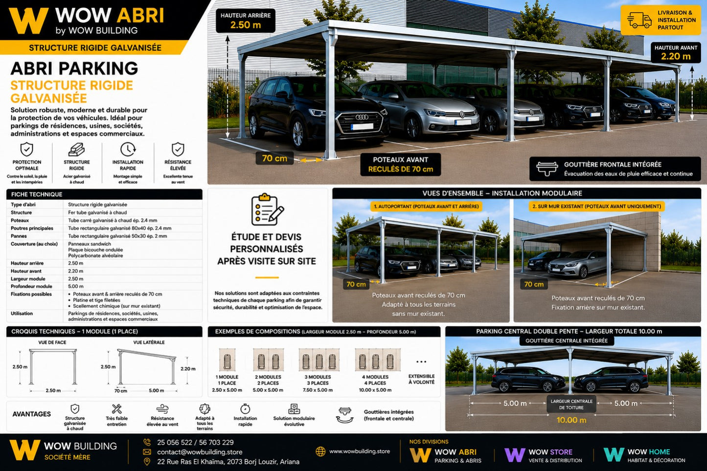 Abri Structure Rigide Galvanisée – À partir de 210 DT/m²