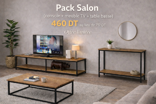 Pack Salon Industriel (Console + Meuble TV + Table basse)