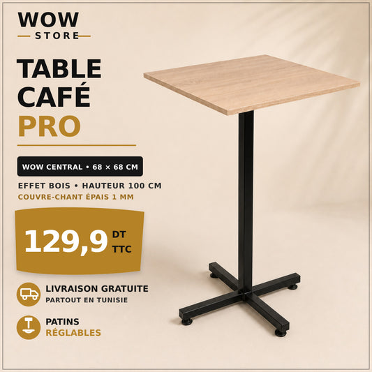 Table haute café restaurant 68x68 – WOW CENTRAL – Effet bois – H100 cm