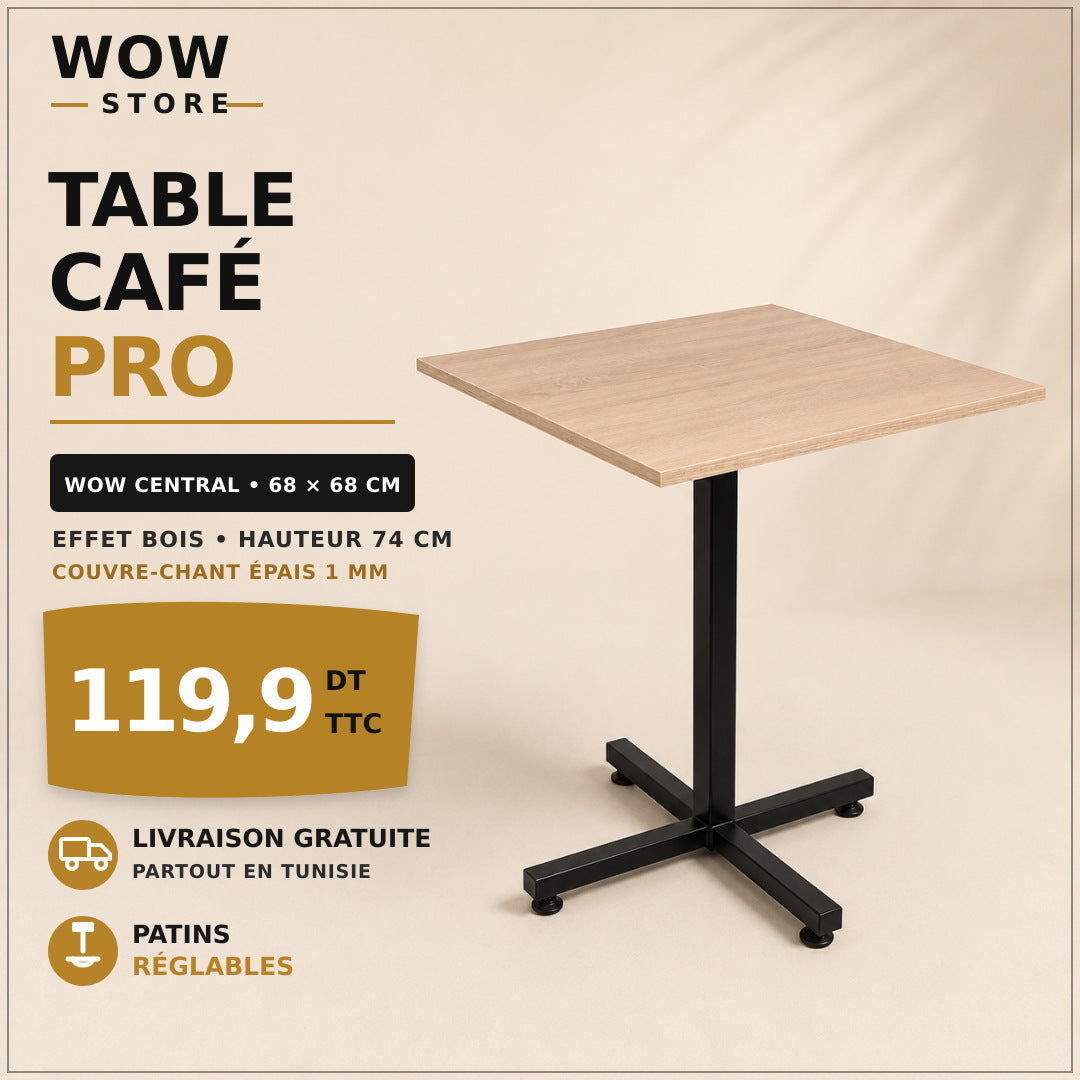 Table café restaurant 68x68 – WOW CENTRAL – Effet bois
