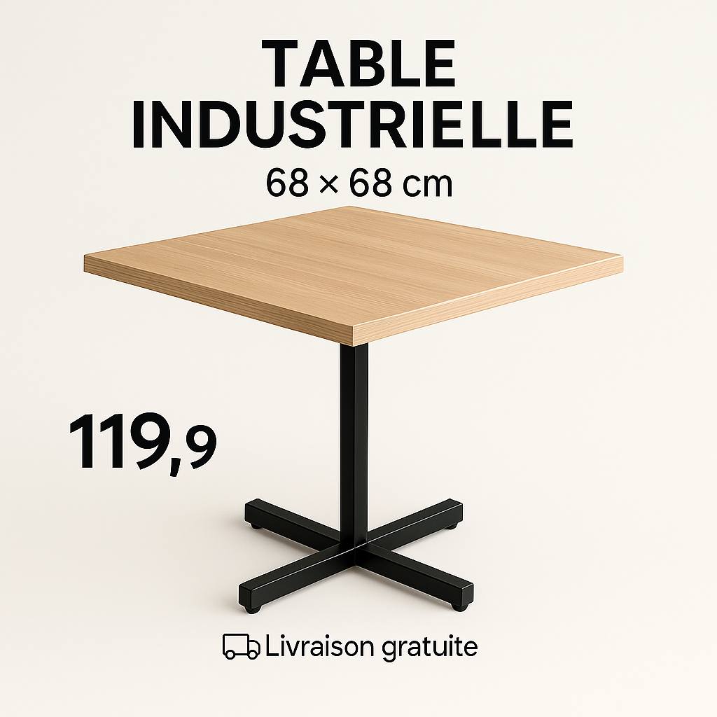 Table industrielle carrée – Effet bois | 68 × 68 cm