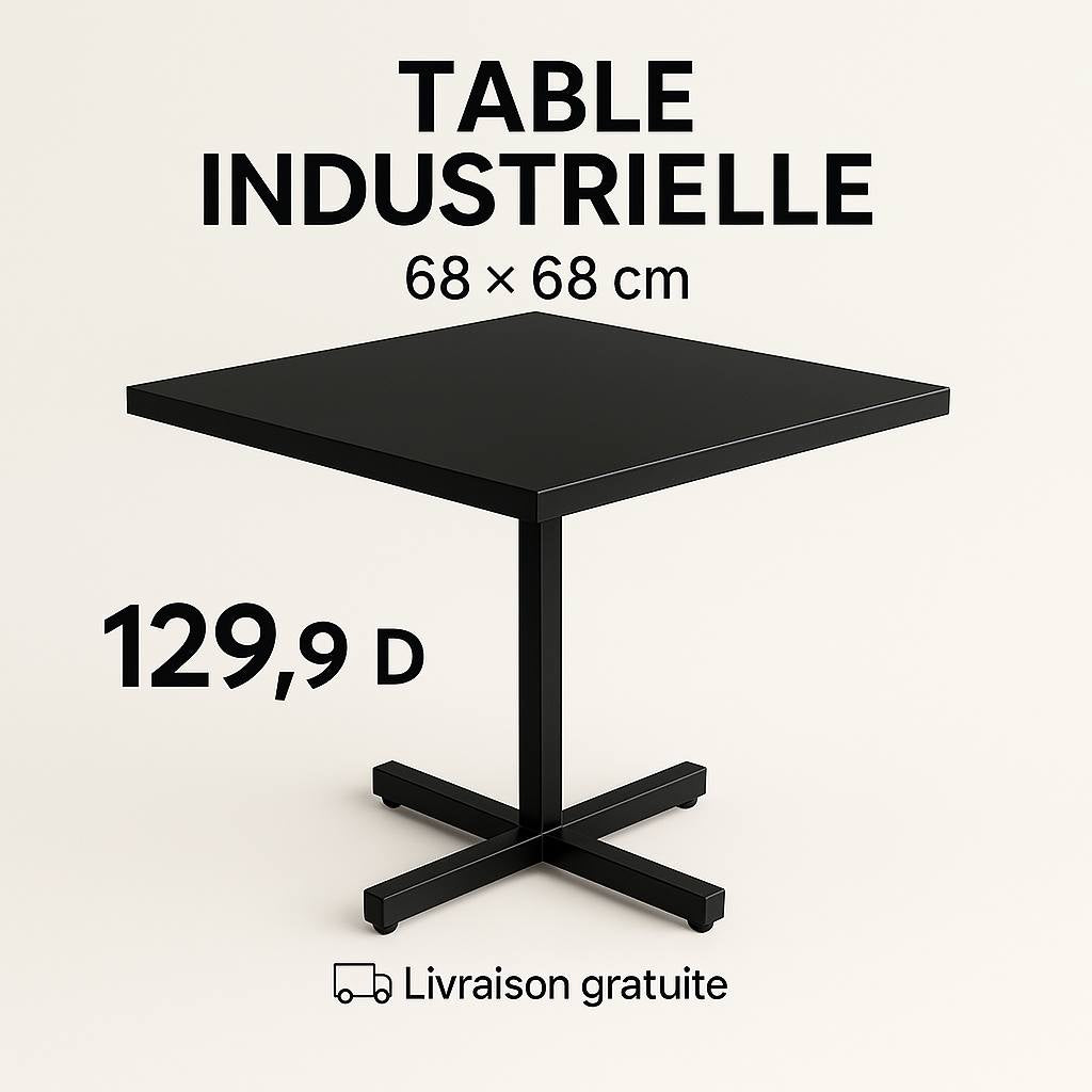 Table industrielle carrée – Noir | 68 × 68 cm