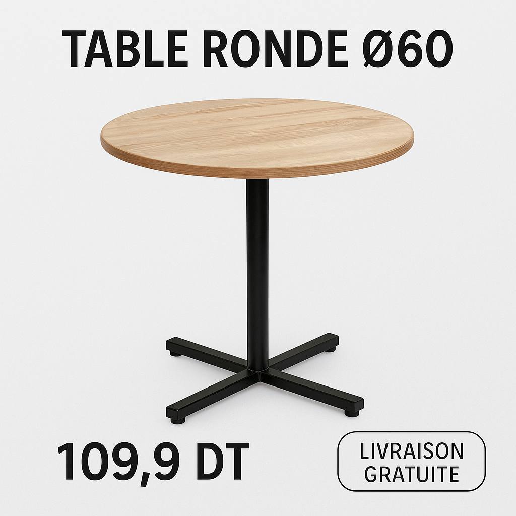 Table industrielle ronde – Effet bois | Ø 60 cm